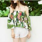 Set: Off-shoulder 3/4-sleeve Floral Print Cover-up + Floral Print Bikini Top + Lace Swim Shorts