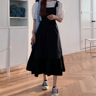 Balloon-sleeve Blouse / Ruffle Strap Midi Pinafore Dress