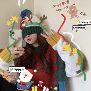 Christmas Print Knit Sweater With Hat - Multicolor - One Size