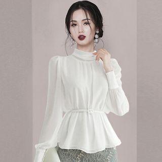 Long-sleeve Mock-neck Peplum Blouse