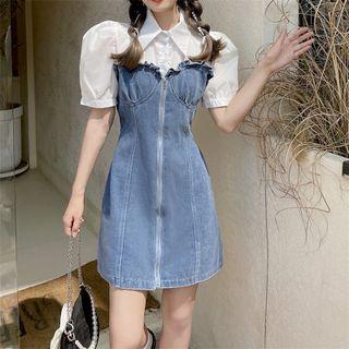 Short-sleeve Collar Mock Two-piece Denim Mini Sheath Dress
