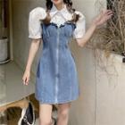 Short-sleeve Collar Mock Two-piece Denim Mini Sheath Dress