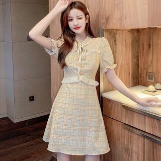Puff-sleeve Plaid Ruffle Trim A-line Dress