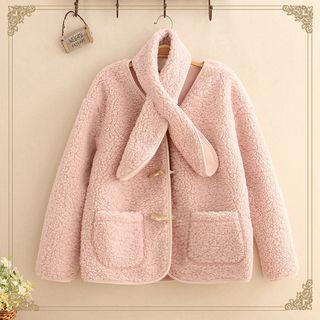 Toggle-button Fleece Jacket With Scarf