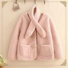 Toggle-button Fleece Jacket With Scarf