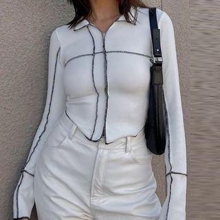 Long Sleeve Contrast Trim Crop Top