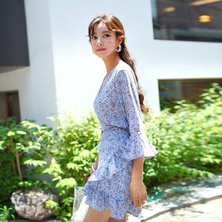 Bell-sleeve Frilled Floral Wrap Dress