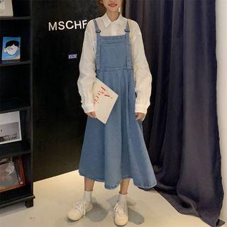 Big-pocket Denim Jumper Dress Blue - One Size