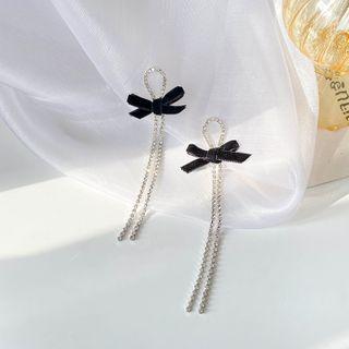 Bow Velvet Fringed Earring 1 Pair - Stud Earrings - Black Bow - Silver - One Size