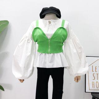 Tie-neckline Bubble-sleeved Blouse With Zipper Vest