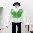 Tie-neckline Bubble-sleeved Blouse With Zipper Vest