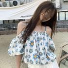 Puff-sleeve Cold-shoulder Ruffle Trim Floral Top