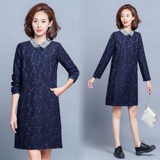 Plaid Lapel Lace Long-sleeve Dress