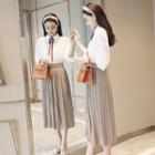 Set: Tie-neck Blouse + Mushroom Pleated Skirt