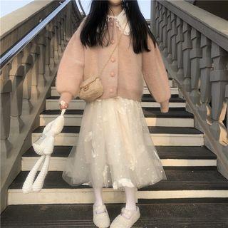 Furry Cardigan / Feather Embroidered Midi Mesh Skirt