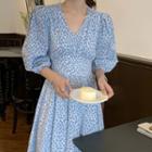 Puff-sleeve Floral Print Midi A-line Dress Light Blue - One Size
