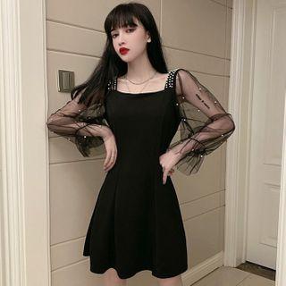 Mesh Panel Beaded Mini A-line Dress
