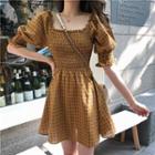 Plaid Square-neck Puff-sleeve Dress Yellow - One Size