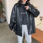 Long Sleeve Faux-leather Jacket Black - One Size
