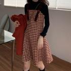 Collared Woolen Cropped Coat / Spaghetti-strap Plaid Midi Dress