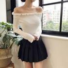 Off-shoulder Long-sleeve Knit Top / High Waist Pleated Skirt