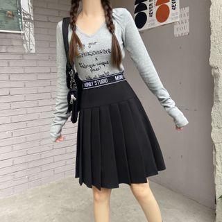 Lettering-waistband Pleated A-line Skirt
