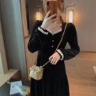 Long-sleeve Lace Trim Plain Dress
