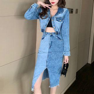 Set: Two-tone Panel Denim Cropped Jacket + Slit Midi Pencil Skirt