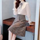 Set: Faux Pearl Bow Blouse + Plaid A-line Skirt