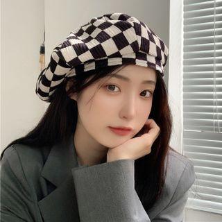 Checkered Beret Hat Check - Black & White - One Size