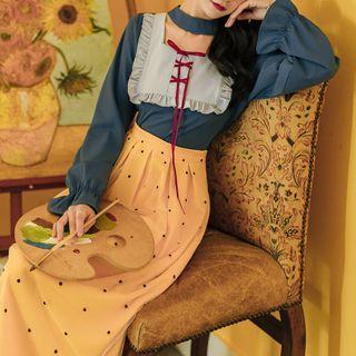 Set: Ruffled Blouse + Dotted Midi A-line Skirt