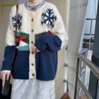 Snowflake Patterned Round Neck Knit Cardigan