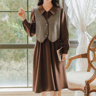 Set: Long-sleeve Collared Midi A-line Dress + Contrast Trim Single-breasted Vest