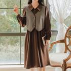 Set: Long-sleeve Collared Midi A-line Dress + Contrast Trim Single-breasted Vest