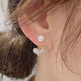 Faux Pearl Heart Ear Stud 1 Pair - 925 Silver Needle - One Size