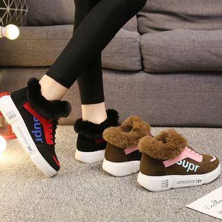 Color Panel Lettering Furry-trim Sneakers