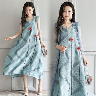 Set: Sleeveless Midi Printed Dress + Light Jacket