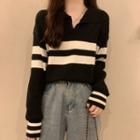 Long-sleeve Open-placket Striped Knit Top
