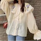 Long-sleeve Peter Pan Collar Embroidered Loose Fit Chiffon Blouse As Shown In Figure - One Size