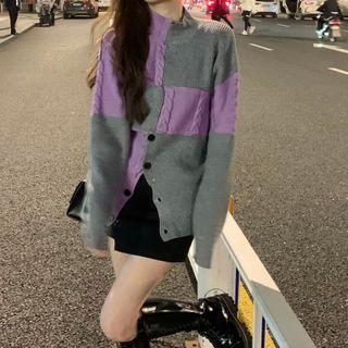 Long-sleeve Panel Knit Sweater Grayish Purple - One Size