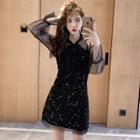 Mesh Panel Sequined Bell-sleeve Mini A-line Dress