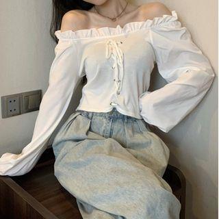 Off Shoulder Knit Lace-up Top