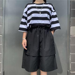 Striped Elbow Sleeve T-shirt / Wide Leg Shorts