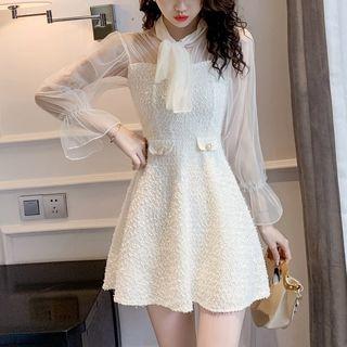Long-sleeve Mesh Paneled Tweed A-line Mini Dress