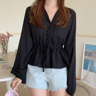 V-neck Crochet Trim Peplum Blouse