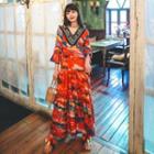 Bell-sleeve V-neck Print Maxi A-line Dress