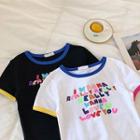 Color-block Lettering Print Slim-fit Short-sleeve Top