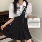 Short-sleeve Lettering Polo Shirt / Asymmetrical Jumper Skirt
