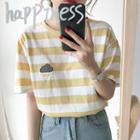 Picture Embroidered Striped Short-sleeve T-shirt