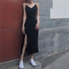 Spaghetti-strap Slit Midi Dress / Batwing-sleeve Light Jacket